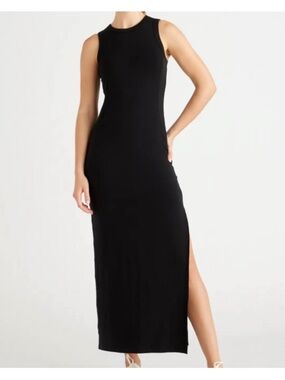 Quince tensely jersey tank black dress, size small, stretchy, side slit